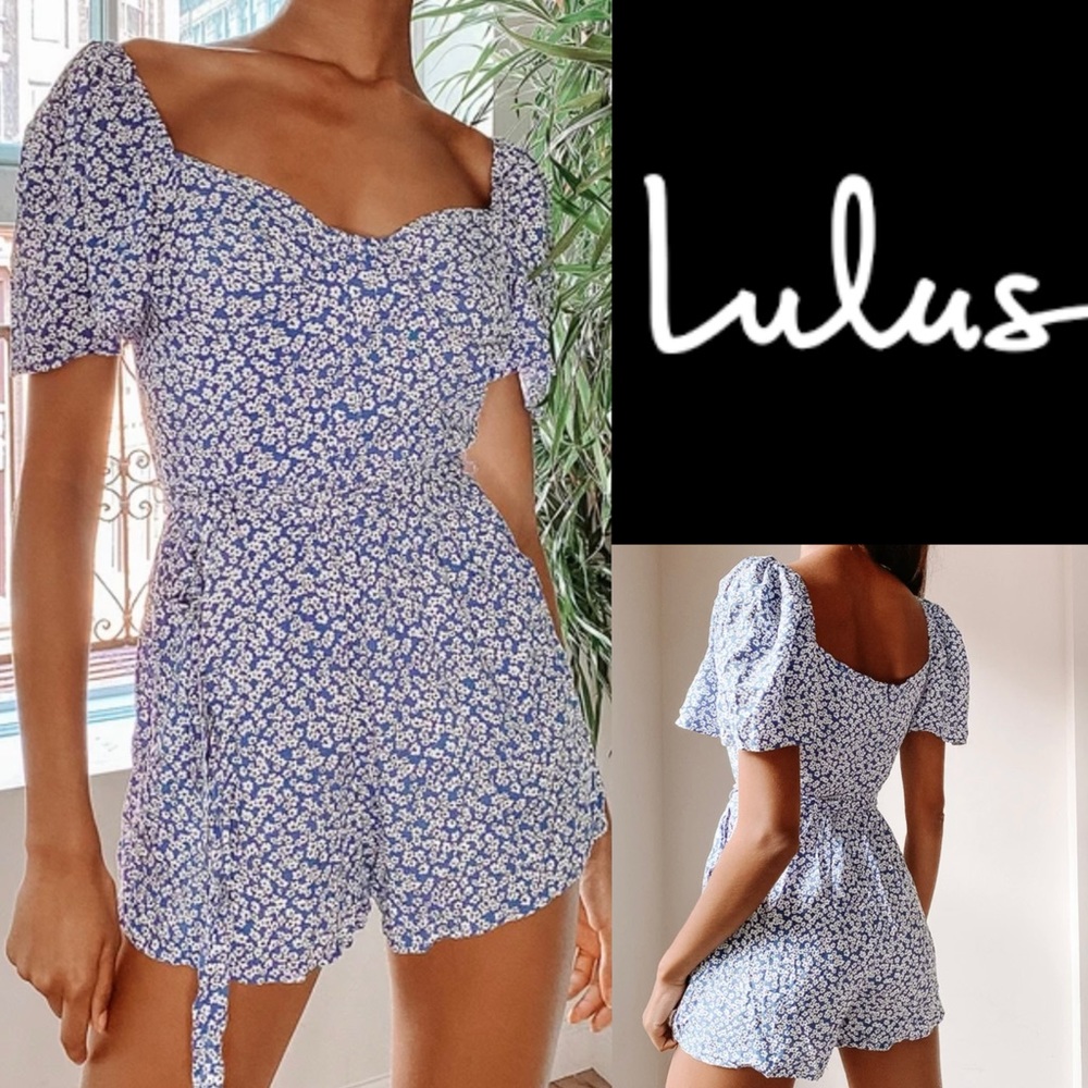 Lulus•Sweet Sensation•Blue•Floral Print•Short Sleeve Romper•Tie Waist•Sz Large